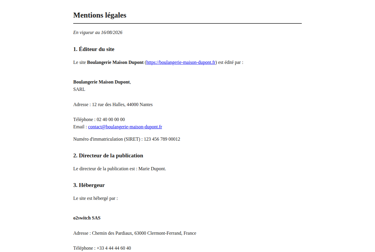 Aperçu des mentions légales générées pour une boulangerie fictive