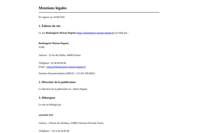 Aperçu des mentions légales générées pour une boulangerie fictive